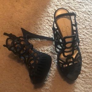 Jessica Simpson black velvet caged stilettos!